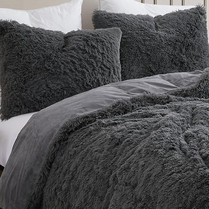 Twin Size Luxury Faux Fur Comforter Set - Soft & Breathable 5-Piece Bedding Collection - 1 Comforter, 1 Fitted Sheet, 1 Flat, 1 Pillowcase, 1 Pillow Sham - Deep Pocket - Premium Quality, Dark Gray