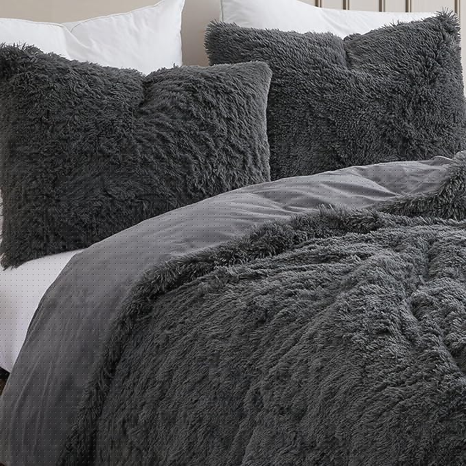 Queen Luxury Faux Fur Comforter Set - Soft & Breathable 7-Piece Bedding Collection - 1 Comforter, 1 Fitted Sheet, 1 Flat, 2 Pillowcases, 2 Pillow Shams - Deep Pocket - Premium Quality, Dark Gray