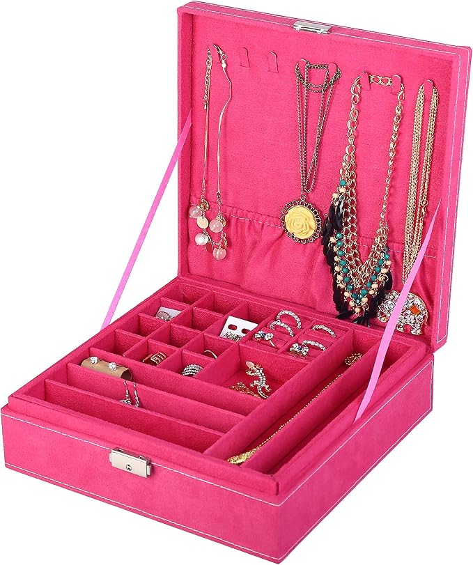 Two-Layer Jewelry Box Organizer Display Storage case with Lock (Rose) by KLOUDCity