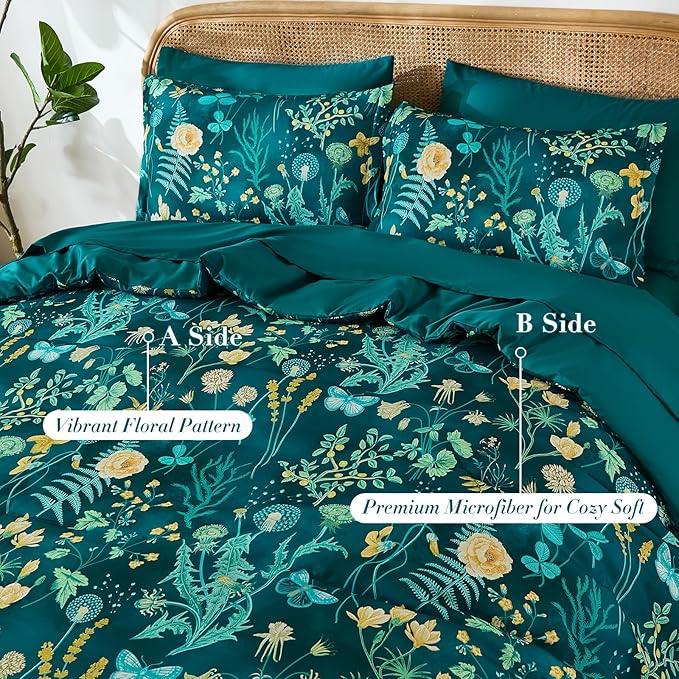 Yiran Queen Comforter Set 7 Piece, Teal Green Floral Bedding Set, Bed in a Bag Queen Size with Botanical Flowers Spring, Soft Lightweight Complete Comforters with Sheets for All Season