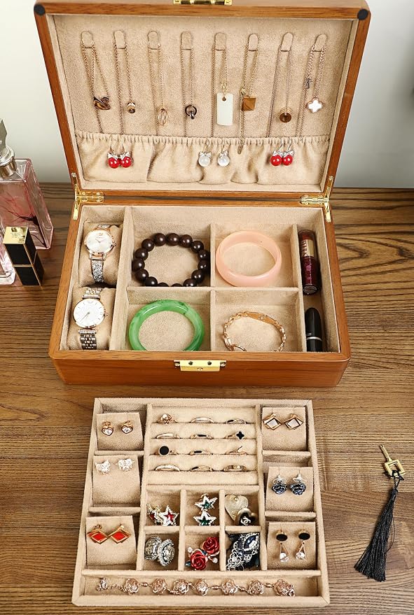 Solid Walnut Wood Jewelry Box with Lock, 2-Layer Vintage Jewelry Organizer for Men Women, Velvet-Lined Storage Chest with Key Lock (Khaki)​ - Image 3