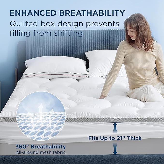 Bedsure Mattress Topper Queen - Pillow Top Mattress Topper Queen with 8-21 Inches Deep Pocket, 800 GSM Extra Thick Waterproof Mattress Protector, Soft Cover Bed for Home, Bedroom, Hotel - White