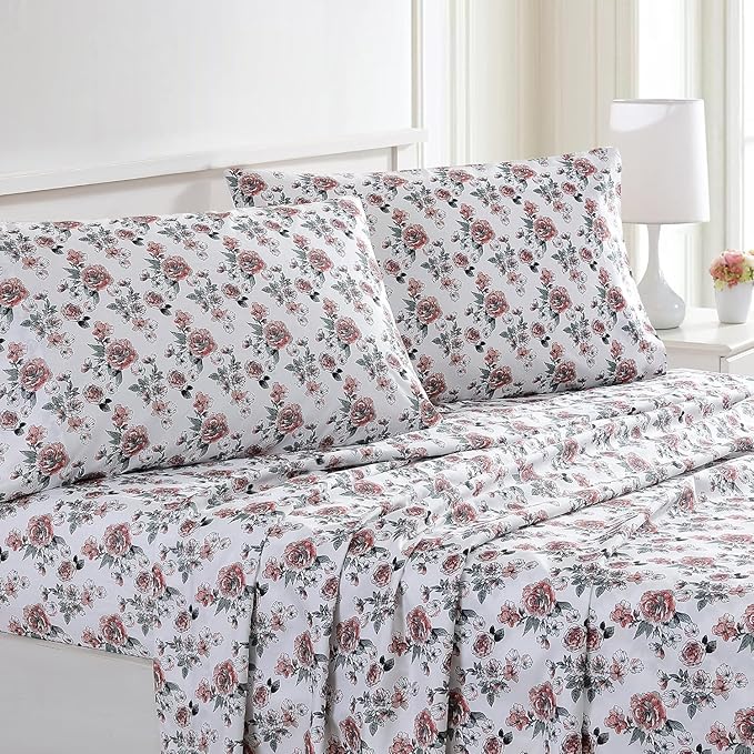 Modern Threads Printed 3-Piece Extra Soft Bedding Sheets & Pillowcase Set, Deep Pocket up to 16 inch Mattress Rose Bloom Twin