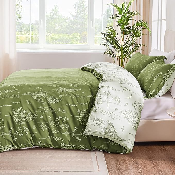Love's cabin Olive Green Queen Comforter Set - Queen Size Comforter Set, 3 Pieces Cute Floral Bedding Sets for All Seasons,1 Soft Reversible Botanical Flowers Comforter and 2 Pillow Shams