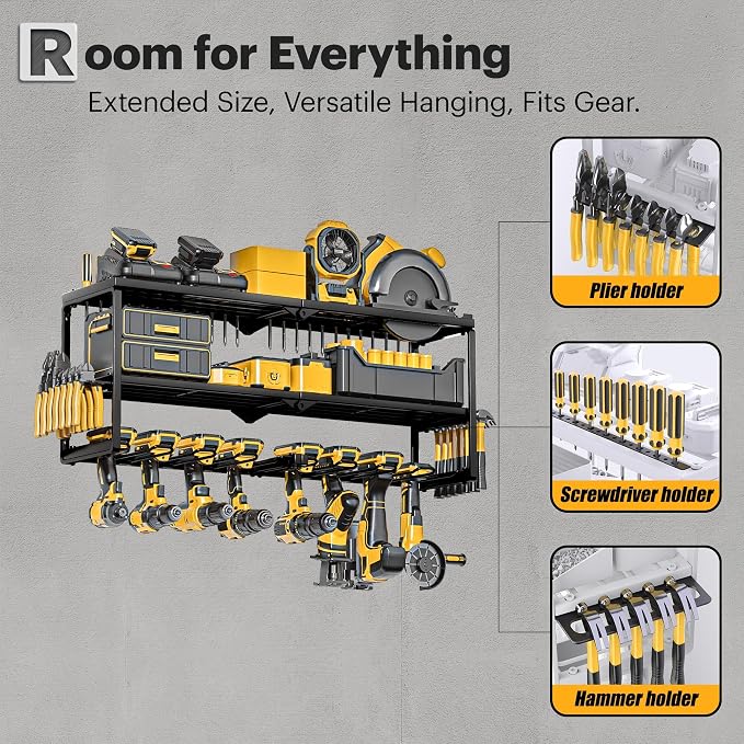 Spampur Power Tool Organizer Wall Mount, 15 Min Assembly & Maximum 100lb load by Heavy Duty Metal, 8 Drill Holder, 3 Layers Garage organization and Storage Rack, Tool Shelf With Battery Holder - Image 4