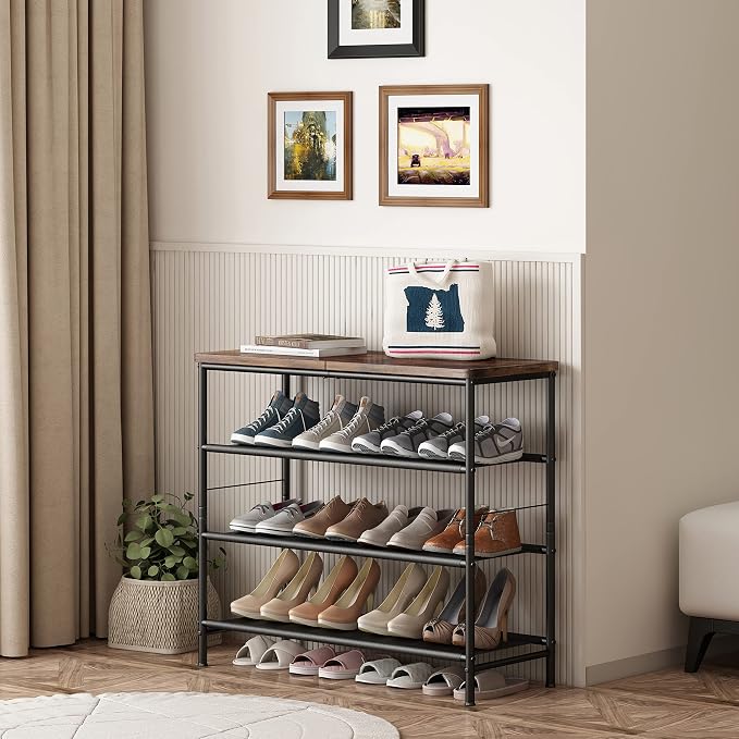 INGIORDAR Shoe Rack Organizer 4 Tier Metal Organizer Shelf with Industrial MDF Board and Layer Fabric for Entryway Closet Bedroom Living Room Garage,Black & Rustic Brown (Black+Rustic Brown, 4 Tier) - Image 5