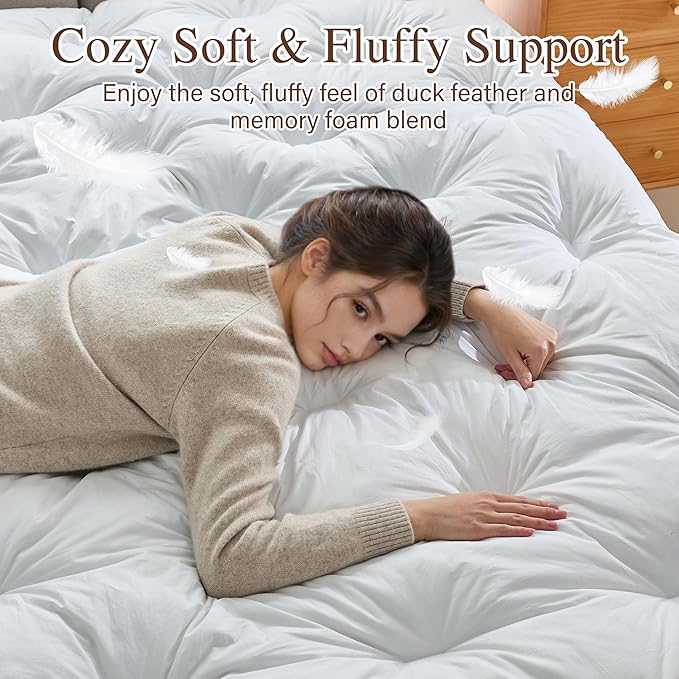 WhatsBedding 3 Inch Feather Bed Mattress Topper, Duck Feather Memory Foam Bed Topper,Soft Fluffy Supportive Pressure Relief Mattress，Twin