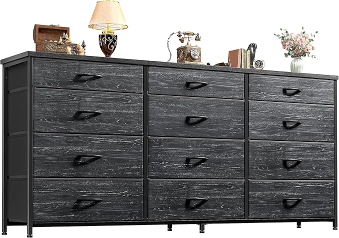 Romorgniz 55" Long Dresser for Bedroom with 12 Fabric Drawers, Entertainment Center for 60 inch TV Dressers & Chests of Drawers Large Organizer, Living Room, Metal Frame, Wood Top, Black