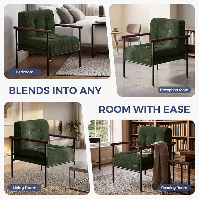 MAXYOYO Living Room Accent Chair, Modern Chair with Sturdy Metal Frame & Wood Armrests, Upholstered Reading Chair with Upholstered Cushion for Bedroom Balcony Porch, Dark Green