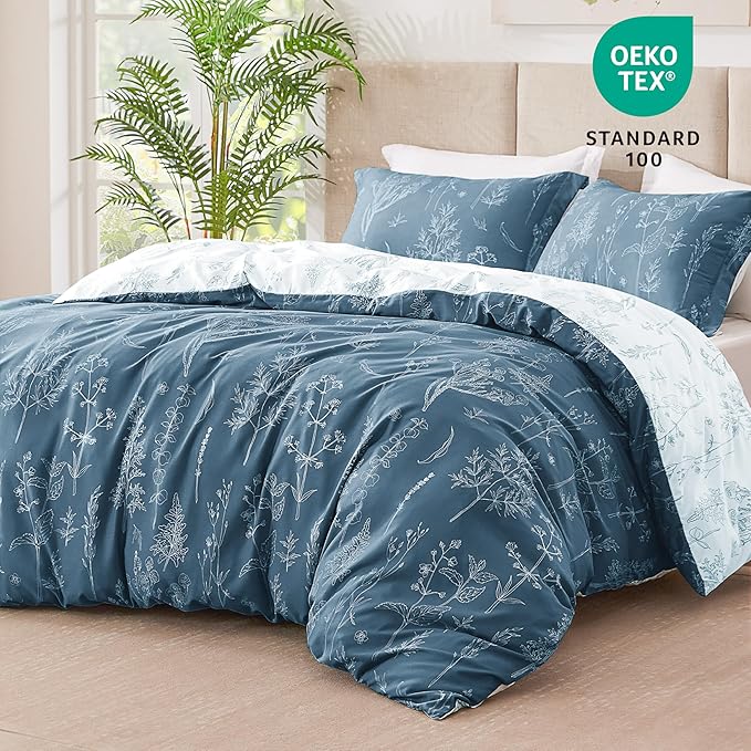 Love's cabin Bluish Grey Full Comforter Set - Full Size Comforter Set, 3 Pieces Cute Floral Bedding Sets for All Seasons,1 Soft Reversible Botanical Flowers Comforter and 2 Pillow Shams