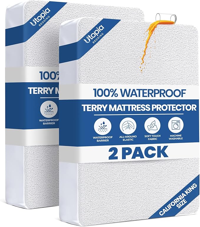 Utopia Bedding Waterproof Mattress Protector California King Size 2 Pack, Premium 200 GSM Terry Mattress Cover, Soft & Breathable Bed Cover, Fitted Sheet Style with Stretchable Deep Pocket 17" (White)