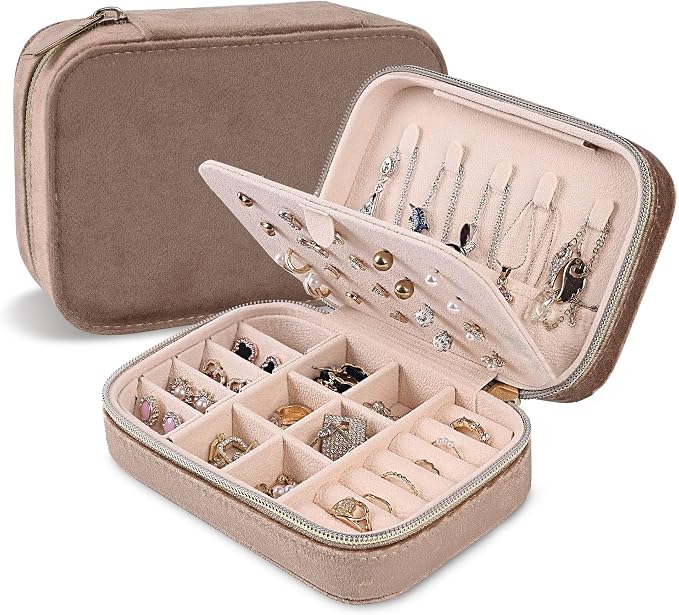 Dajasan Velvet Travel Jewelry Case, Mini Portable Travel Jewelry Organizer Boxes, Jewelry Gift Box for Birthday Mother's Day Valentine's Day Christmas (Khaki) by DAJASAN