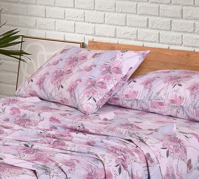 Ruvanti 100% Cotton Bed Sheets, 4 Pcs Bed Sets, Lilac Floral Print Full Size Sheets Set, Soft, Breathable, Deep Pocket Sheets, Cooling Bedding Sheets Set Include 1 Flat, 1 Fitted Sheet, 2 Pillowcases.