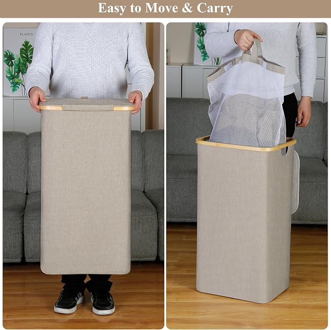 IEGrow Laundry Basket with Lid, Large Laundry Hamper with Handle and Lid, Collapsible Clothes Basket Organizer with Removable Inner Bag for Clothes Toys Towels (Oatmeal, 110L) - Image 2