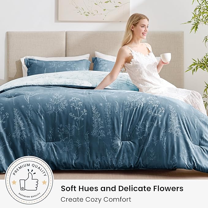 Love's cabin Bluish Grey Full Comforter Set - Full Size Comforter Set, 3 Pieces Cute Floral Bedding Sets for All Seasons,1 Soft Reversible Botanical Flowers Comforter and 2 Pillow Shams