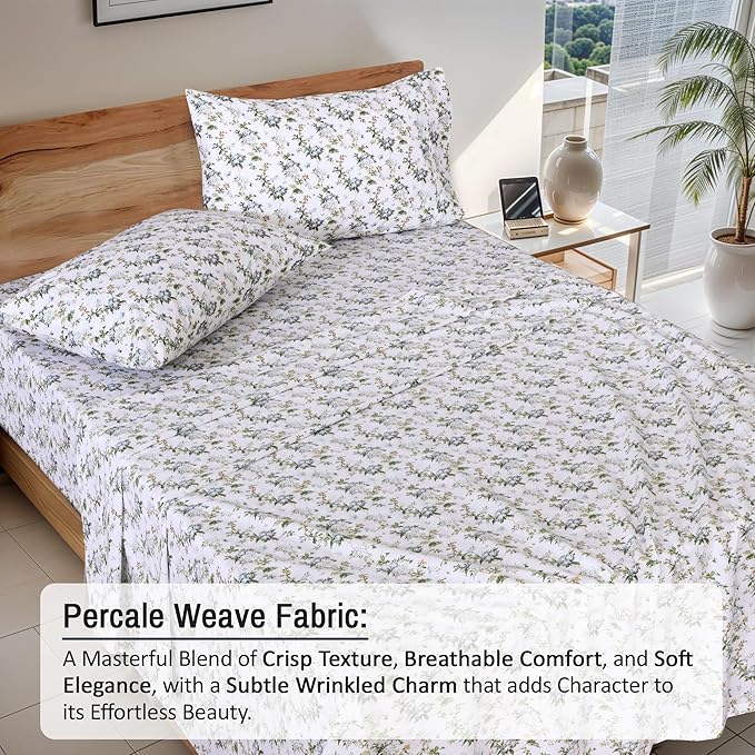 RUVANTI 100% Cotton Sheets – Full Size Percale Bedding, Cooling & Breathable Floral Design, Durable with a Crisp, Soft & Comfortable Feel, 16" Deep Pocket, 4-Piece Set, Heritage