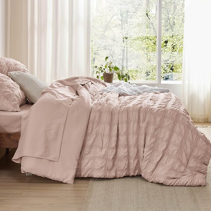 Bedsure Bed in a Bag Full - 7 Pieces Plaid Seersucker Bedding Comforter Sets, Soft Lightweight Rose Dust Boho Bed Set with Comforters Full Size, Sheets, Pillowcases & Shams