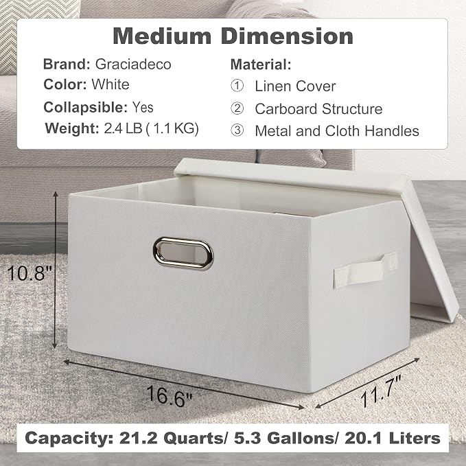 Graciadeco Medium 15" 21 Quart Collapsible Stackable Storage Bins with Lids, 5 Packs White Foldable Fabric Closet Storage Boxes with Lids, Lidded Heavy-duty Linen Baskets(15x11x8) - Image 2