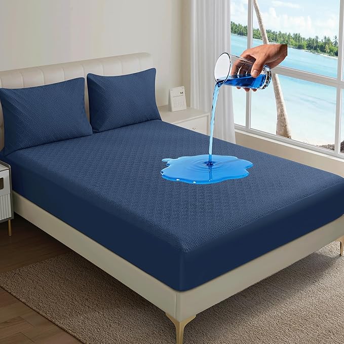 100% TPU Waterproof Mattress Protector Sets with 1 Fitted Sheet & 2 Pillowcases 18 Inches Deep Pocket Breathable Incontinence Pads for Adults Kids Elderly Pets (Blue, King)