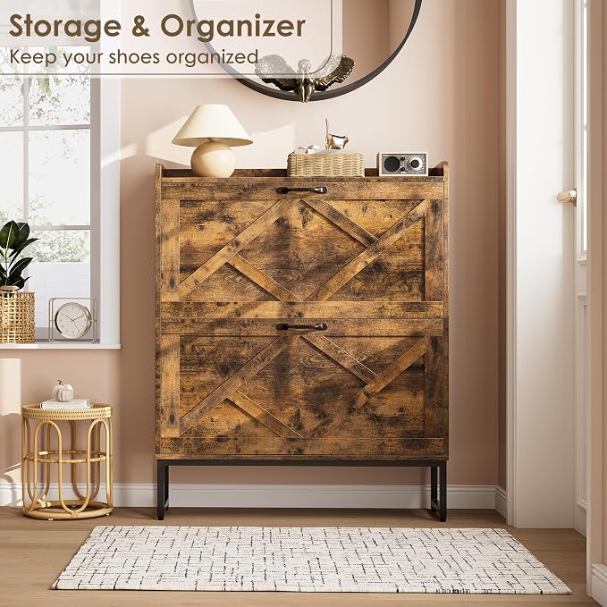 Nicetree Shoe Cabinet Organizer with 2 Flip Drawers, Freestanding Narrow Rack with Metal Legs, Farmhouse Slim Shoe Storage for Entryway, Foyer, Hallway, Rustic Brown - Image 4