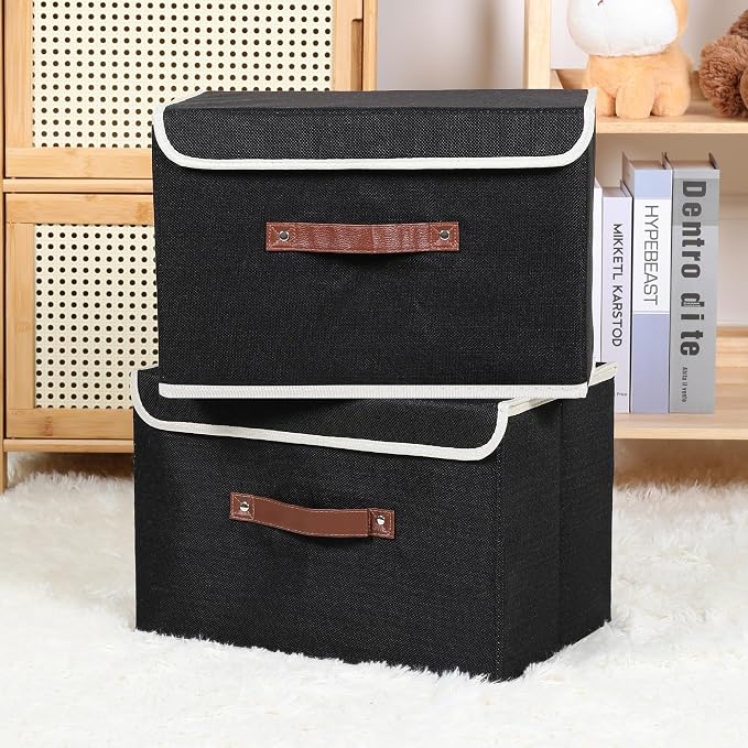 ANMINY 2PCS Storage Bins with Lid PU Leather Handles Storage Boxes PP Plastic Board Decorative Foldable Lidded Cotton Linen Fabric Home Cubes Baskets Closet Organizer Containers - Black, Large Size - Image 6