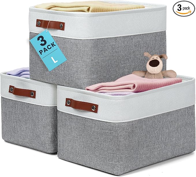 OrganiHaus Large Fabric Storage Baskets for Shelves 3 Pack, 15x11in Closet Storage Bins, Canvas Storage Bin for Organizing, Cloth Baskets, Linen Closet Organizers, Gray/Off-White by OrganiHaus