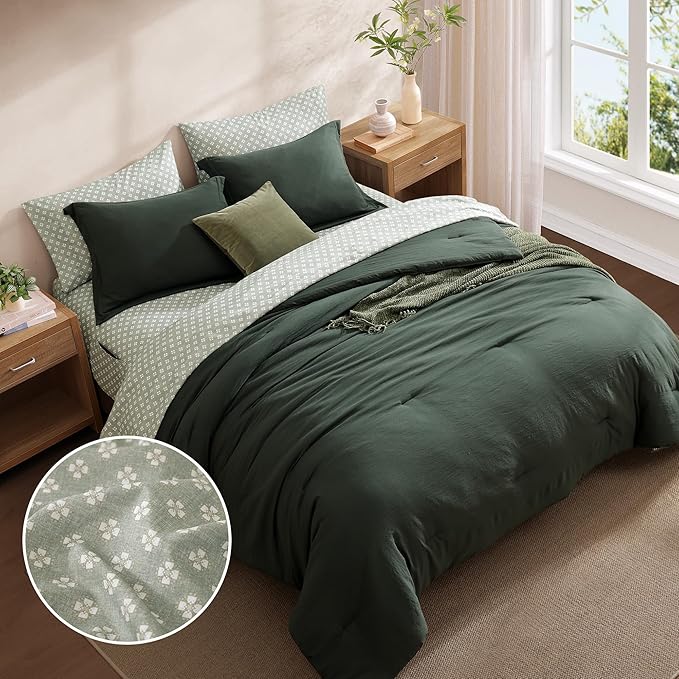Monbix Oversized King Size Comforter Set - 7 Pieces Deep Forest Prewashed Bed in a Bag Bedding Sets with Comforters, All Seasons Ultra Soft Comforter Bed Set with Sheets, Pillowcases & Shams