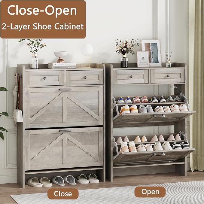 Shoe Cabinet with 2 Flip Drawers & 2 Top Drawers, 43" Tall Freestanding Narrow Wooden Shoe Storage Organizer for Entryway, Hidden Slim Shoe Rack for Front Door Entrance, Hallway, Living Room, Grey - Image 4