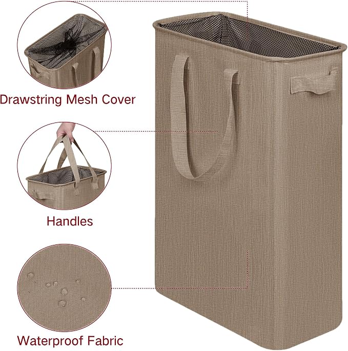 efluky Slim Laundry Basket, Narrow Laundry Hamper with Handles, Collapsible Dirty Clothes Hamper, Tall Laundry Bin for Laundry Room, Dorm and Bedroom, 12.7 Gallons(48L) Flax Brown - Image 3