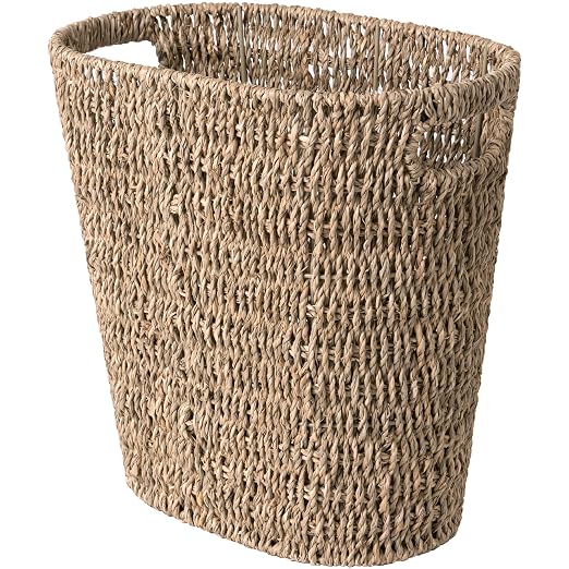 StorageWorks Wicker Waste Basket, Handwoven Seagrass Trash Can with Built-in Handles, Wicker Garbage Can for Bedroom, Bathroom, 1 Pack by StorageWorks