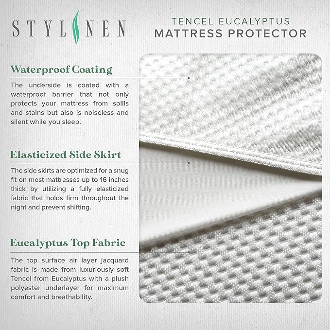 Tencel Eucalyptus Waterproof Mattress Protector - 100% Waterproof, Ultra Soft & Cooling with 16 Deep Pockets, Noiseless Protection from Stains & Spills (Queen)