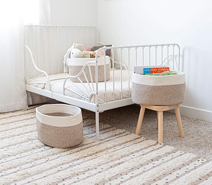OrganiHaus Rope Baskets for Shelves - Set of 3 Woven Storage Baskets for Organizing, Closet & Toy Storage - Brown/Off-White - 15x9x10 - Image 5