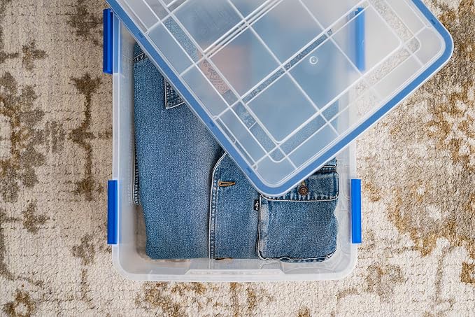 IRIS USA WeatherPro 27 Qt Storage Bins with Lids, 3 Pack, BPA-Free Plastic Gasket Box with Tight Latch and Seal, Stackable Nestable Tote Tub - Clear/Blue - Image 5