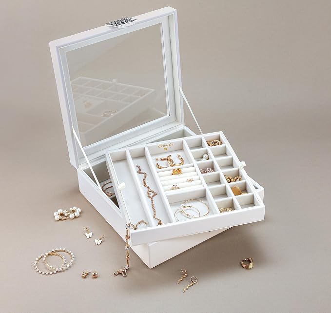 Glenor Co 28 Section Jewelry Box - 2 Layer - Buckle Snap & Magnet Closure - Large Glass Top - Leather Design - White - Jewelry Organizer for Women & Girls - for Earring Ring Necklace & Bracelet - Image 5