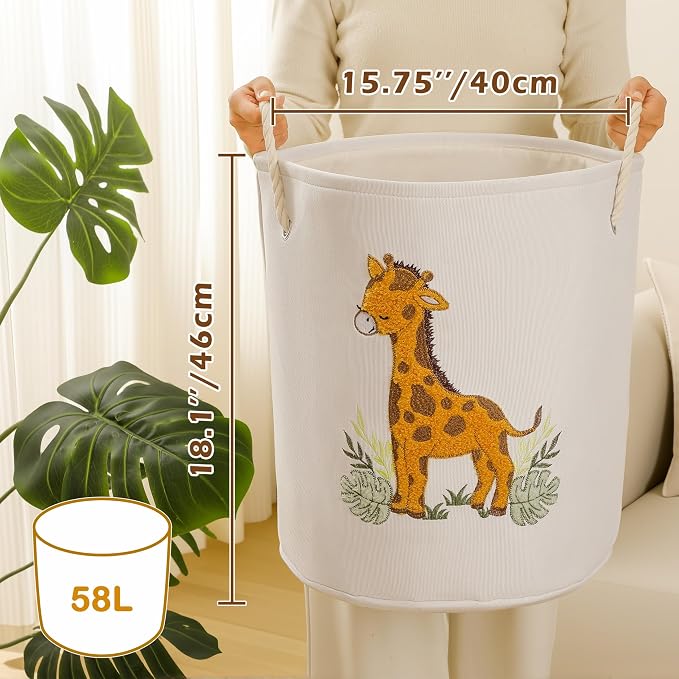Kids Laundry Basket Baby Hamper for Nursery, Canvas 58L Large Dirty Clothes Hampers with Drawstring Closure, Jungle Theme Baby Basket, Animal Baskets Toy Laundry Hamper, Safari Nursery Decor, Giraffe - Image 4