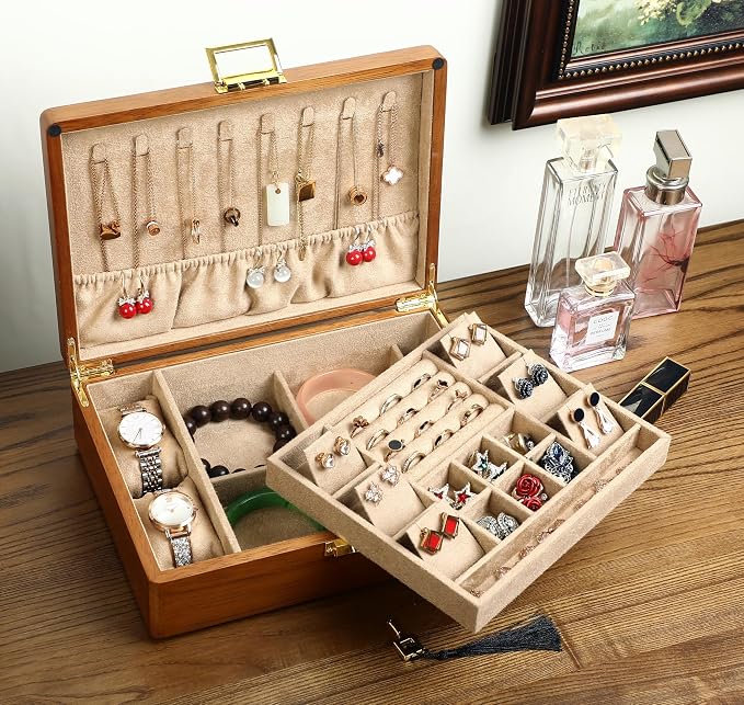 Solid Walnut Wood Jewelry Box with Lock, 2-Layer Vintage Jewelry Organizer for Men Women, Velvet-Lined Storage Chest with Key Lock (Khaki)​ - Image 2