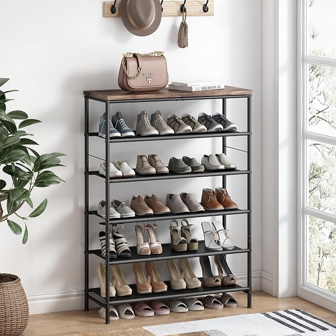 INGIORDAR Shoe Rack Organizer 6 Tier Metal Organizer Shelf with Industrial MDF Board and Layer Fabric for Entryway Closet Bedroom Living Room Garage,Black & Rustic Brown (Black+Rustic Brown, 6 Tier) - Image 4