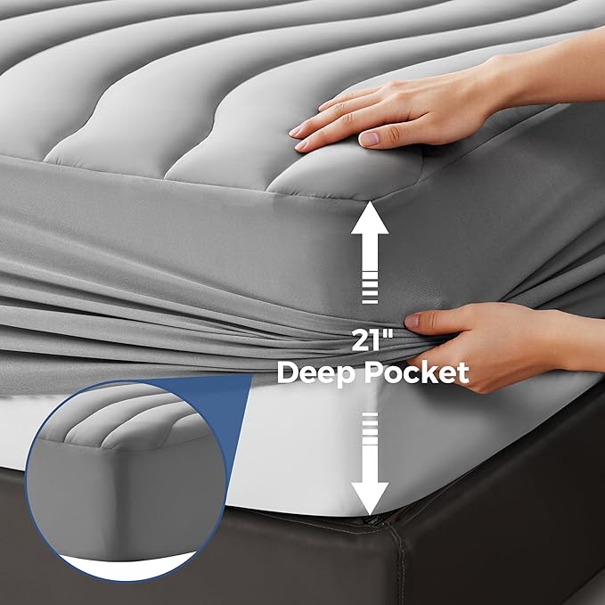 EASELAND Cooling Mattress Pad Queen Size for Hot Sleepers Pillow Top Mattress Cover Quilted Fitted Mattress Protector Breathable Mattress Topper with 8-21" Deep Pocket(60x80 Inches,Light Grey)