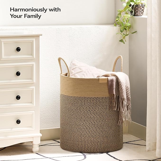 Nunsino Laundry Hamper 62L,Large Laundry Basket for Clothes,Decorative Storage Basket for Blankets,Cotton Rope Woven basket for bedroom,Dark Brown - Image 2