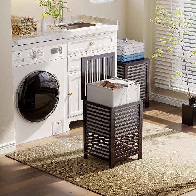 SMIBUY Double Laundry Hamper with Lid, 120L Bamboo Laundry Basket with Removable Liner Bag, 2-Section Clothes Divider Laundry Sorter for Laundry Room, Bathroom, Bedroom (Dark Brown) - Image 9