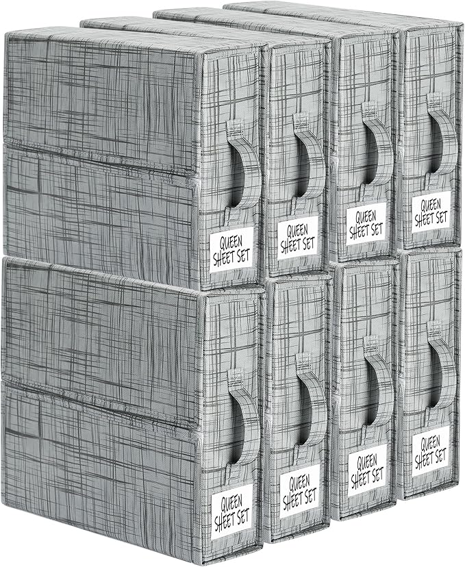 SUOCO SheetCube Bed Sheet Organizers and Storage 8 Pack, Foldable Linen Closet Organizer with Window and Label, Bedding Storage Box Container for, Duvet Cover Set, Bed Sheet Set - Pattern Grey by SUOCO