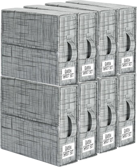 SUOCO SheetCube Bed Sheet Organizers and Storage 8 Pack, Foldable Linen Closet Organizer with Window and Label, Bedding Storage Box Container for, Duvet Cover Set, Bed Sheet Set - Pattern Grey by SUOCO