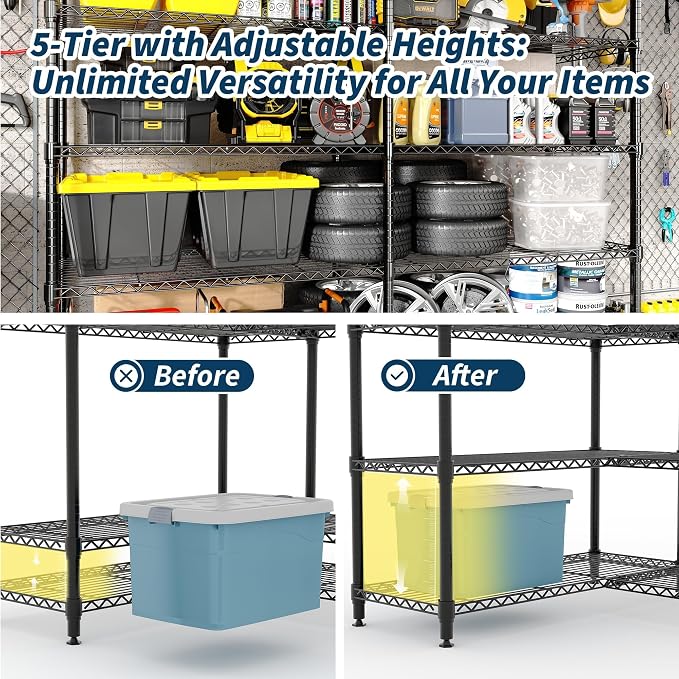 Garvee Storage Shelves 70" H Wire Shelving Rack, 5-Tier Garage Shelving Heavy Duty Metal Storage Shelves for Kitchen Pantry Room, Load 1325 LBS, Adjustable Wire Rack Shelf for Garage Basement - Image 6