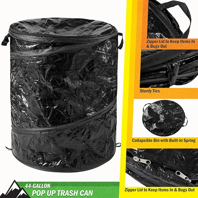 Collapsible Trash Can - 44-Gallon Portable Garbage Can Outdoor Bin with Zippered Lid for RV, Camping, Parties, or Yard Waste by Wakeman (Black) - Image 3