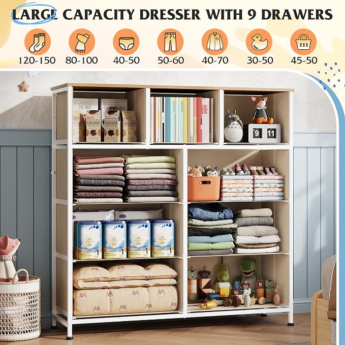 WLIVE 9 Drawer Dresser, Fabric Storage Tower for Bedroom, Hallway, Closet, Tall Chest Organizer Unit for Bedroom with Fabric Bins, Steel Frame, Wood Top, Easy Pull Handle, Cream White - Image 4