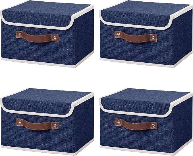 ANMINY 4PCS Storage Bins with Lid PU Leather Handles Storage Boxes PP Plastic Board Decorative Foldable Lidded Cotton Linen Fabric Home Cubes Baskets Closet Organizer Containers - Blue, Small Size by ANMINY