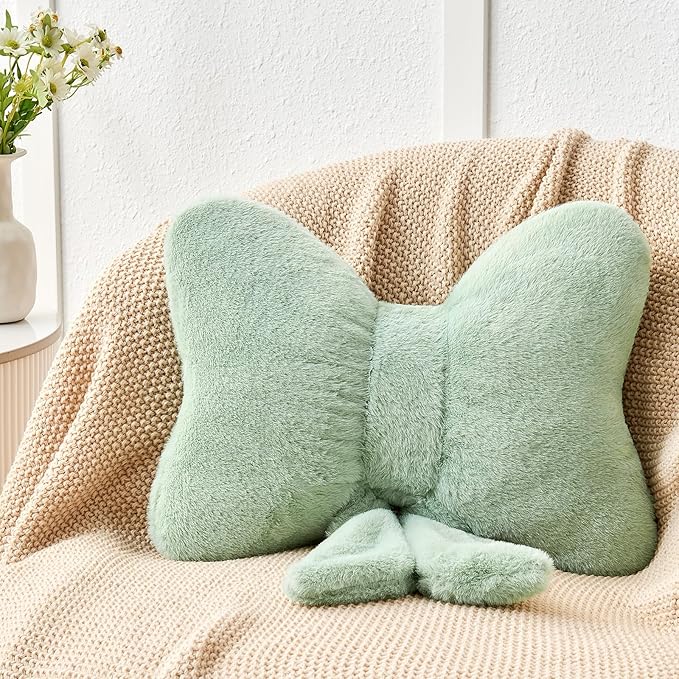 Sage Green Bow Pillow,12'' Bow Decorative Pillows with Faux Rabbit Fur,Soft Bow Throw Pillows Aesthetic Bow Shaped Pillow for Bed Sofa Couch Home Decor