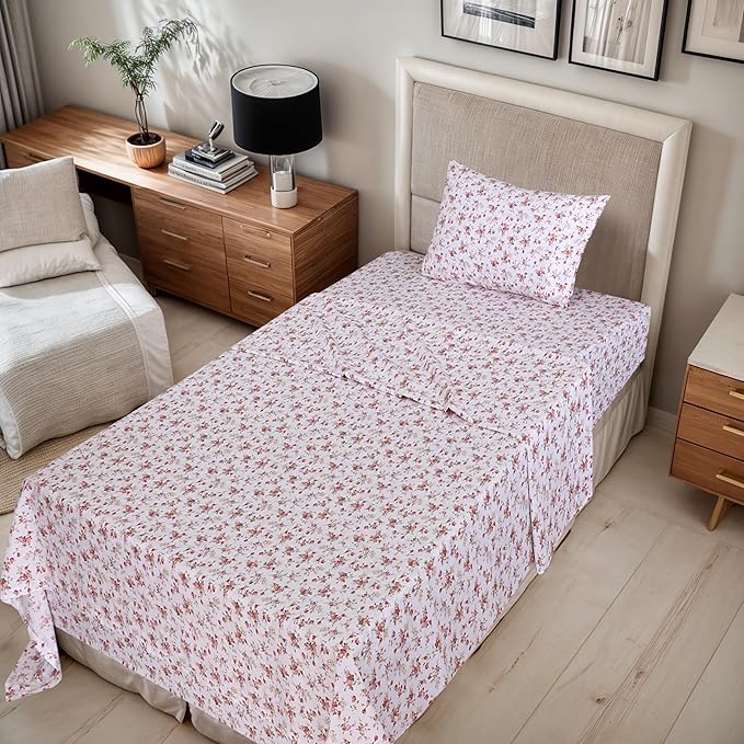 RUVANTI 100% Cotton Sheets – Twin Size Percale Bedding, Cooling & Breathable Floral Design, Durable with a Crisp, Soft & Comfortable Feel, 16" Deep Pocket, 3-Piece Set, Bouquet