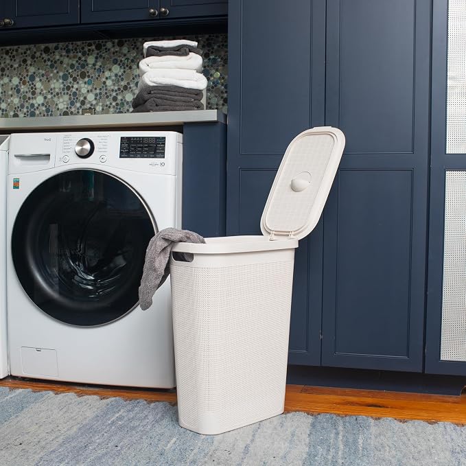 Mind Reader Slim Laundry Hamper with Lid, 40L Clothes Basket, Linen Design, Plastic, Ivory - Image 2