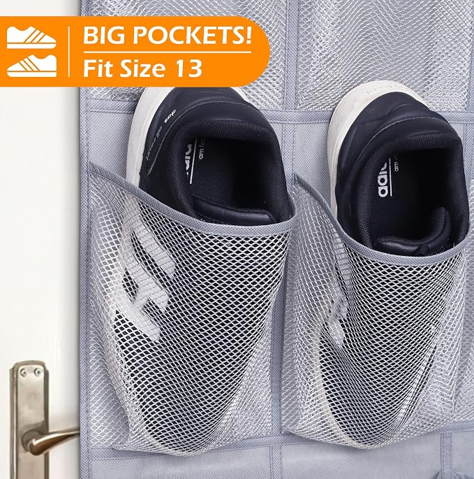 MISSLO 35 Large Pockets Over The Door Shoe Organizer Sturdy Oxford Fabric Hanging Shoe Rack for Door Mesh Closet Shoe Holder Hanger, Grey - Image 3